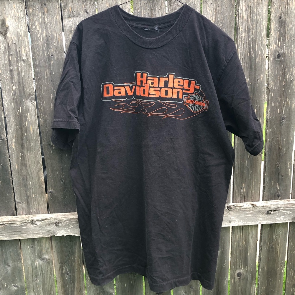 Harley-Davidson Black Short Sleeve Tee with Orange Logo and Flame Graphic